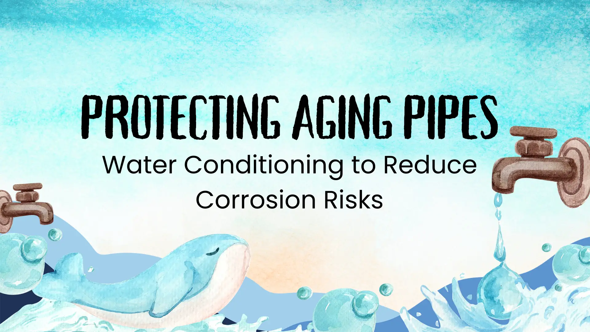 Illustrative banner promoting water conditioning for aging pipes, featuring hand-drawn water faucets, splashing water, bubbles, and a playful blue whale against a watercolor sky. The bold headline reads “Protecting Aging Pipes” with a subheading: “Water Conditioning to Reduce Corrosion Risks.” The visual emphasizes the importance of water treatment to prevent corrosion and extend the lifespan of old plumbing systems. Ideal for plumbing maintenance blogs, water quality education, or infrastructure awareness campaigns.