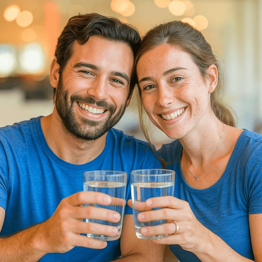 Happy Aqua Pure customers enjoying fresh, clean drinking water together with bright smiles and glasses in hand.