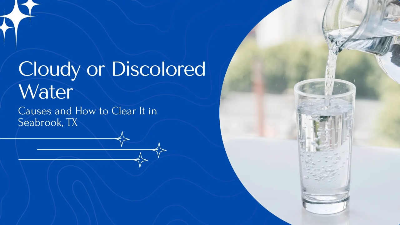 Digital banner for a blog or guide titled “Cloudy or Discolored Water: Causes and How to Clear It in Seabrook, TX.” The left half of the banner features clean, bold white text on a vibrant blue background with subtle topographic-style wave patterns and sparkly star icons, symbolizing clarity and cleanliness. The right half shows a close-up image of a hand pouring clear water from a glass pitcher into a tall glass. Small air bubbles are visible in the water, hinting at possible turbidity or aerationreinforcing the theme of cloudy water concerns. The setting includes a blurred, green outdoor background, suggesting a residential or garden environment. The visual design conveys trust, water clarity awareness, and localized guidance for homeowners facing water quality issues in Seabrook, Texas.