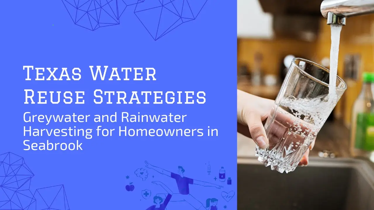 Banner for a guide titled "TEXAS WATER REUSE STRATEGIES: Greywater and Rainwater Harvesting for Homeowners in Seabrook." The image is split between the title text and a practical photo of a hand filling a clear drinking glass directly from a kitchen faucet, symbolizing the use and reuse of domestic water. Below the text, a faint, abstract geometric illustration includes small human figures and health-related icons (apple, dropper, plant). The overall aesthetic is a strong, energetic royal blue with white text.