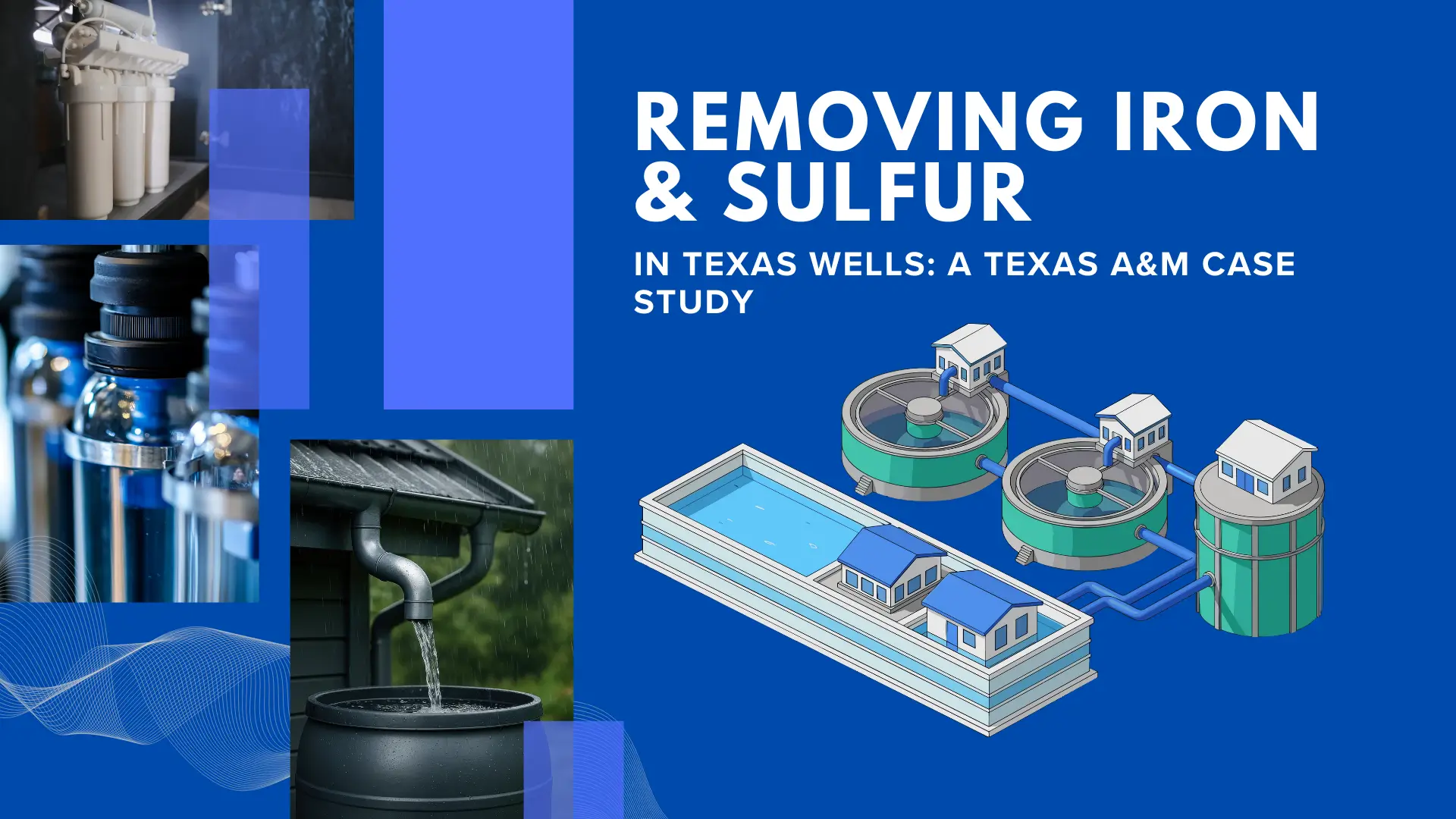 A professional educational banner titled "REMOVING IRON & SULFUR IN TEXAS WELLS: A TEXAS A&M CASE STUDY." The design features a deep blue background with a collage on the left showing an indoor filtration system, blue glass bottles, and a rain barrel. On the bottom right is a 3D isometric illustration of a water treatment plant with interconnected blue circular tanks and small buildings.