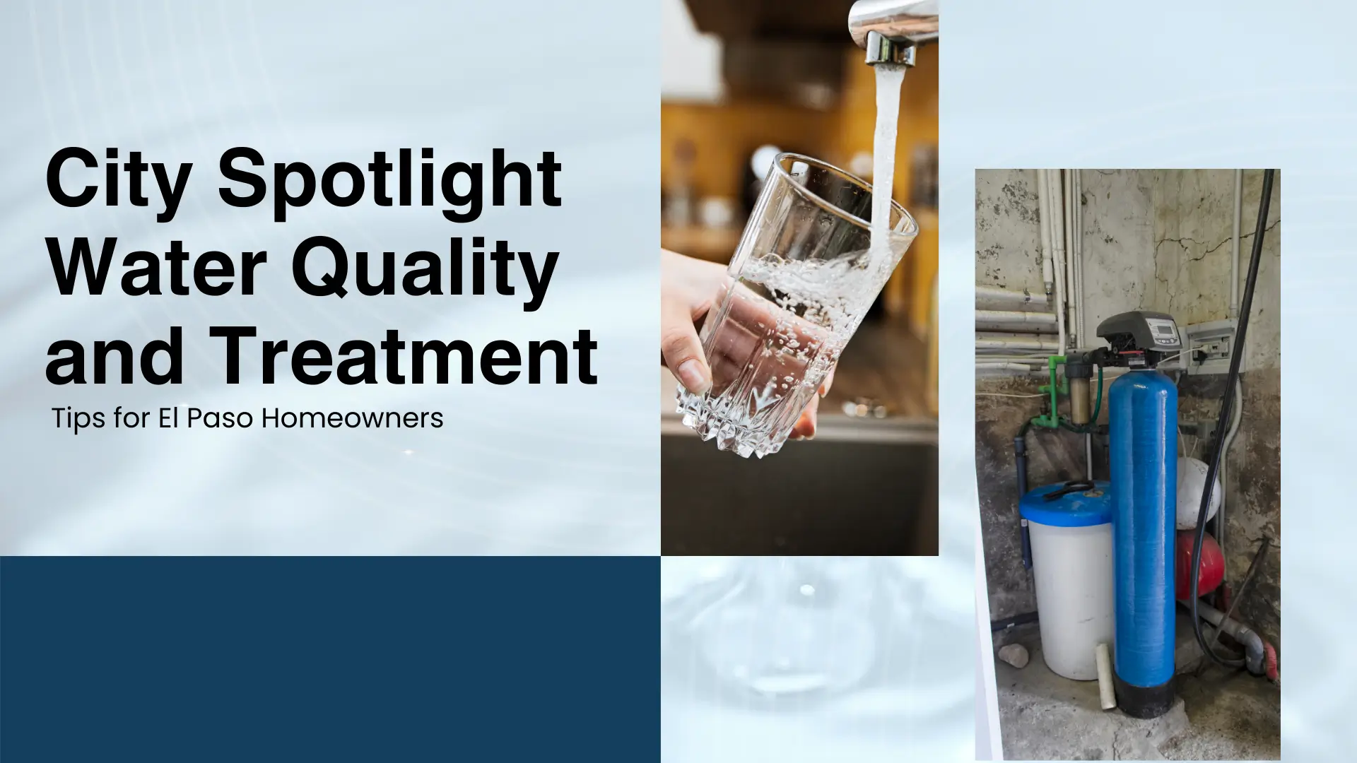 A health-focused banner titled "Children’s Health and Water Safety: What Texas Parents Should Know." The design uses a dynamic diagonal split-screen showing a technician's hands servicing a translucent sediment water filter attached to outdoor PVC piping, contrasted with a glass of crisp, filtered water being filled from a modern white countertop dispenser. The background features soft blue waves and decorative geometric dot patterns.