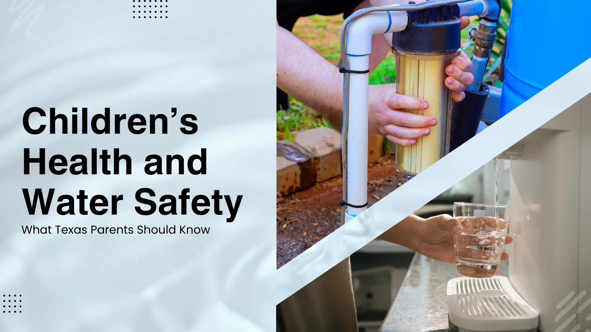 A professional blog banner titled "City Spotlight: Water Quality and Treatment Tips for El Paso Homeowners" set against a light blue, rippling water background. The image features a three-panel layout: a close-up of a hand holding a clear, faceted glass being filled with sparkling clean water from a kitchen faucet, and a separate shot of a professional blue whole-house water filtration system and brine tank installed in a utility room.