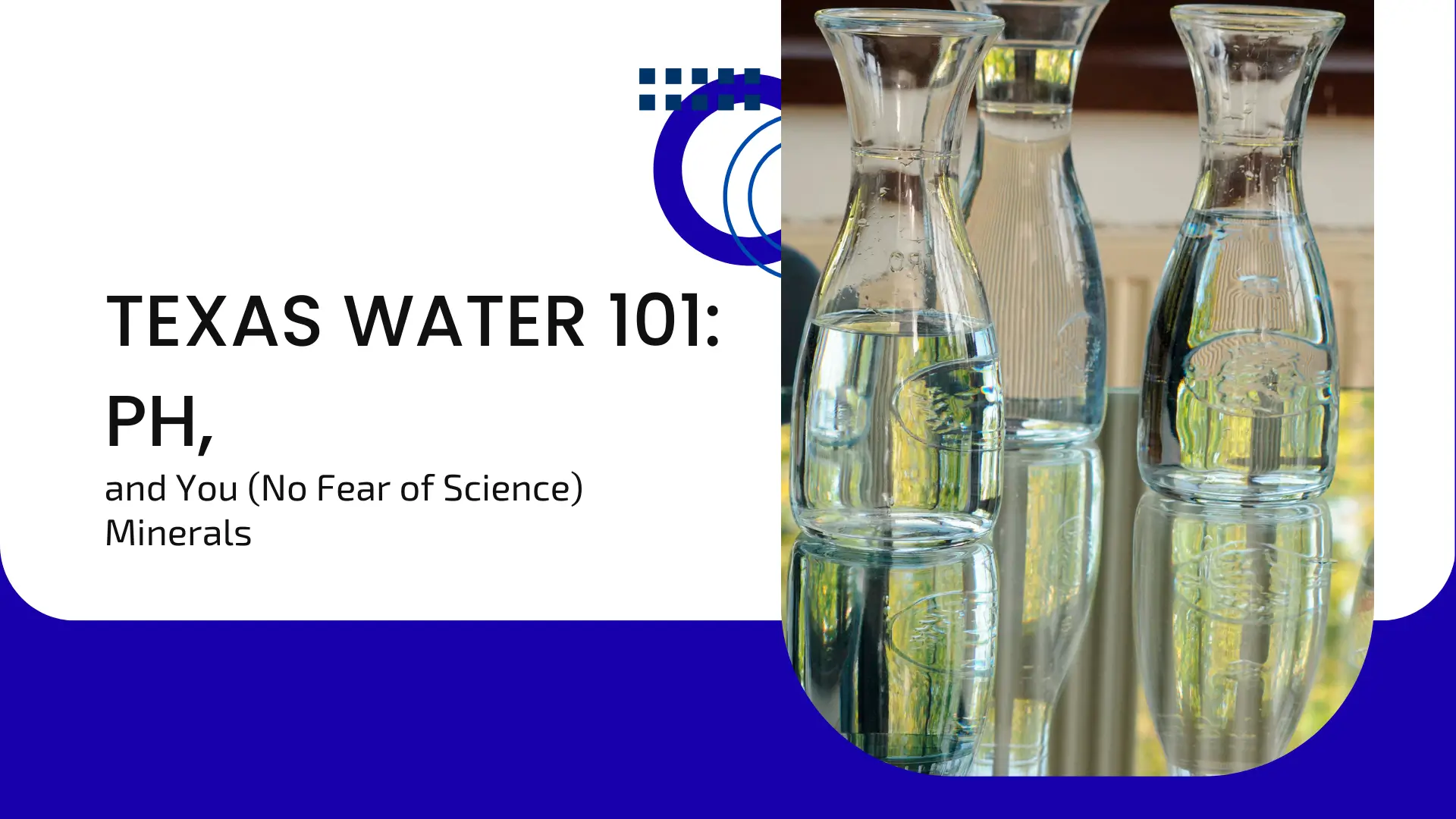 A scientific blog banner titled "TEXAS WATER 101:" followed by "PH, and You (No Fear of Science) Minerals." The text is black on a clean white background with a large navy blue curved section at the bottom. The right side of the banner features a vertical photo of three clear glass carafes filled with clean water, sitting on a reflective surface that captures their distortion and the soft green and yellow foliage of the background outdoors.