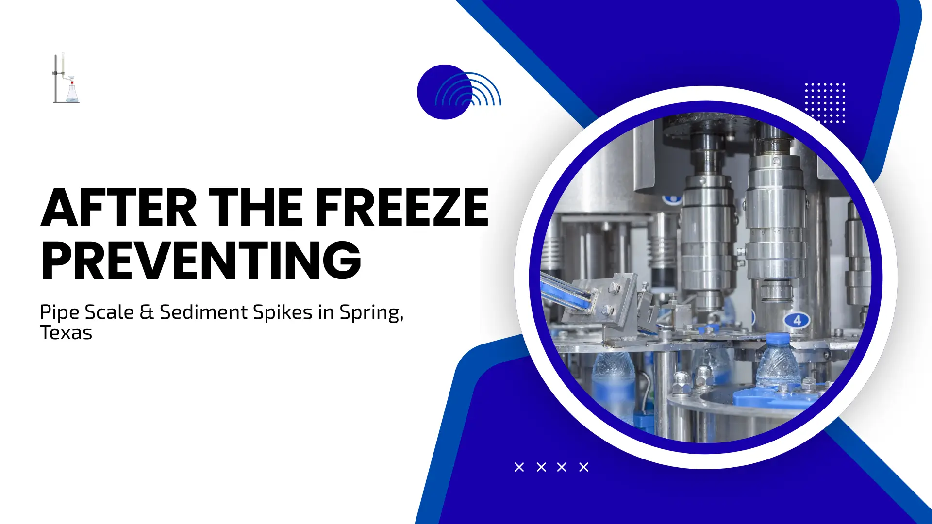 Professional industrial water filtration and bottling line graphic. The left side features bold black text: "AFTER THE FREEZE PREVENTING Pipe Scale & Sediment Spikes in Spring, Texas." The right side shows a high-quality photo of stainless steel water bottling machinery and clear plastic bottles within a circular frame. The design uses a clean white background with sharp royal blue geometric accents and minimalist dot patterns.