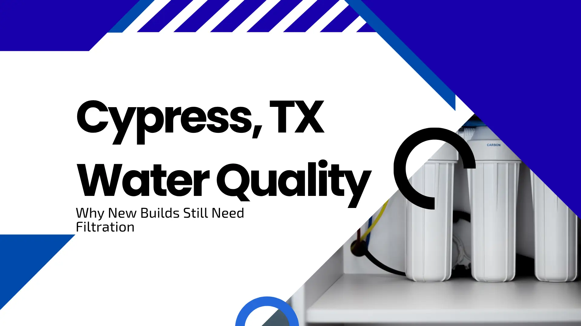 Educational guide banner with bold black text reading "Cypress, TX Water Quality: Why New Builds Still Need Filtration." The graphic uses a clean blue and white diagonal striped aesthetic. To the right, a crisp, close-up image shows a modern multi-stage under-sink reverse osmosis water filtration system with white canisters and a "Carbon" filter label visible.