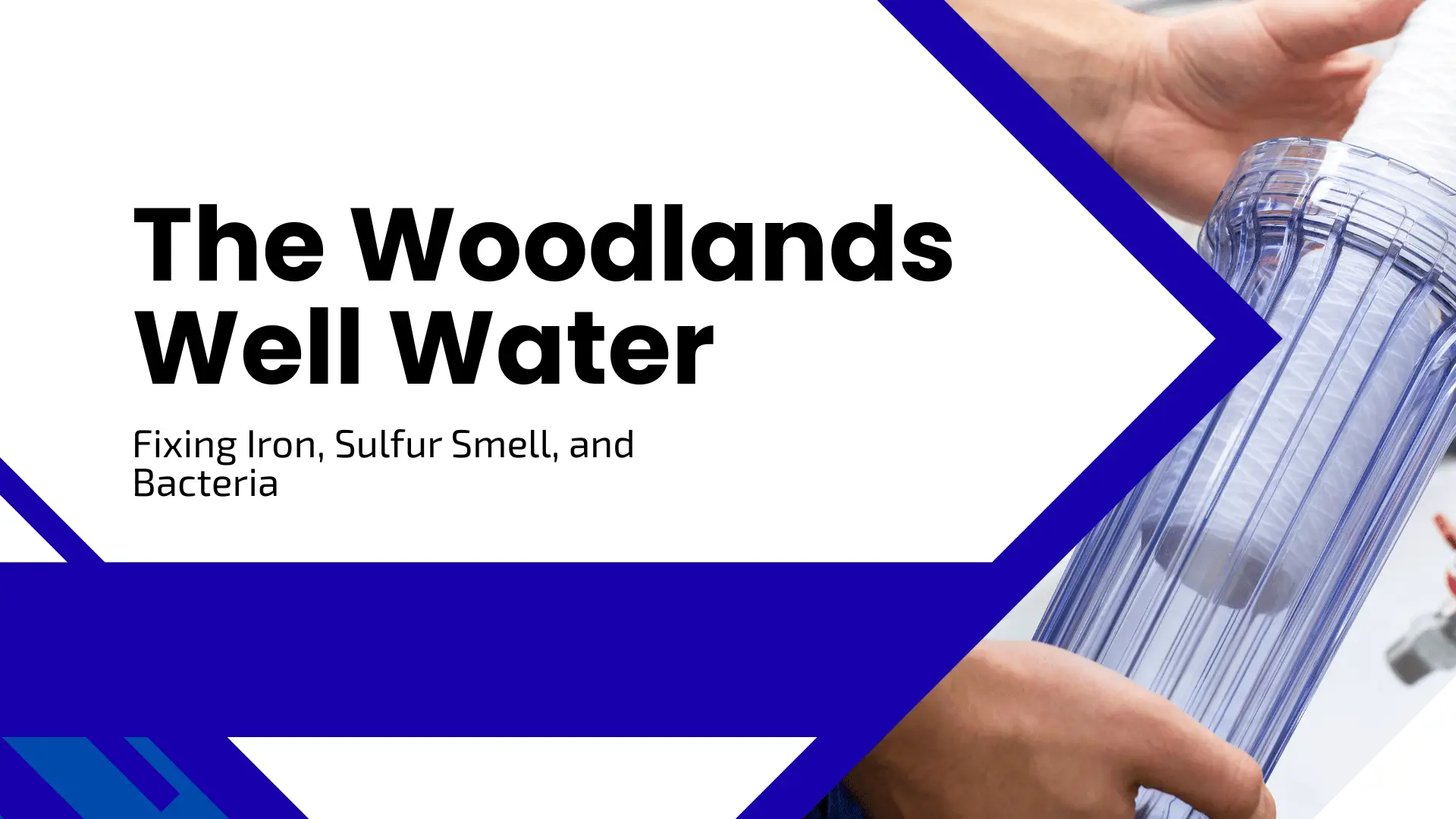 A home services banner featuring a sharp white and deep blue geometric layout. To the right, a close-up photo shows hands installing a clean, clear sediment water filter housing. Large, bold black text on the left reads "The Woodlands Well Water," with a descriptive subtitle: "Fixing Iron, Sulfur Smell, and Bacteria."