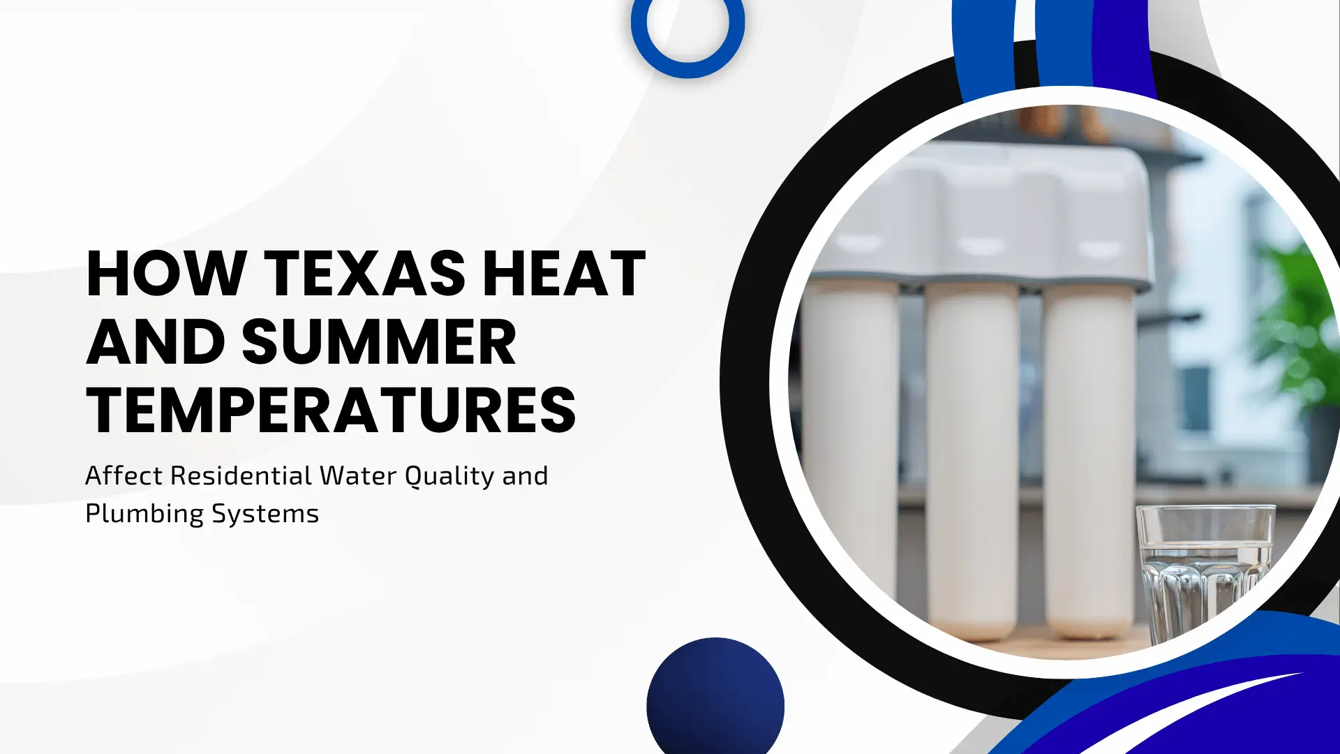 Professional blog banner with a clean white background accented by abstract curved blue and black geometric shapes. On the left, bold black text reads "HOW TEXAS HEAT AND SUMMER TEMPERATURES" in a large sans-serif font, followed underneath by smaller text reading "Affect Residential Water Quality and Plumbing Systems". On the right, enclosed within a large circular frame with thick black and blue borders, a high-quality photograph showcases a modern white three-stage under-sink water filtration system set against a blurry kitchen background, with a clear, sparkling glass of filtered water sitting on the countertop in the foreground.