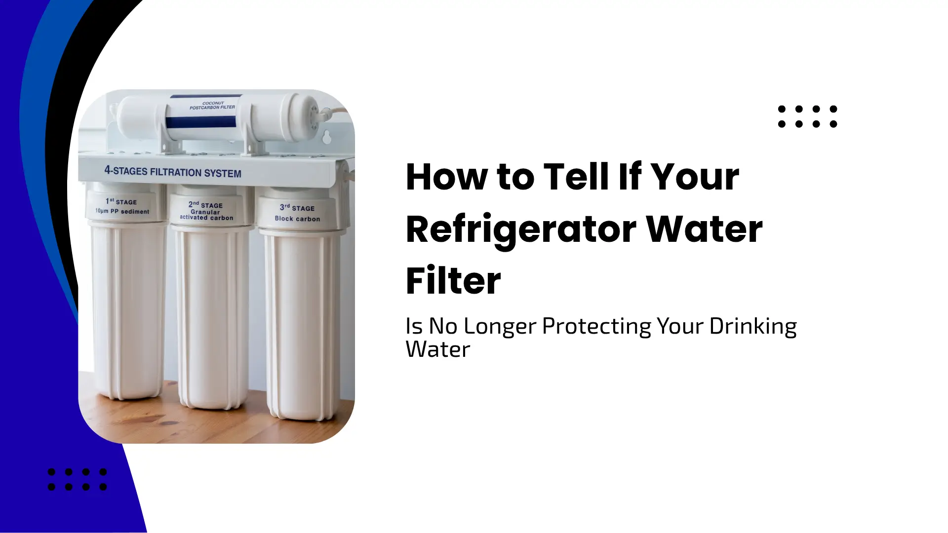 Informational blog banner with text reading 'How to Tell If Your Refrigerator Water Filter Is No Longer Protecting Your Drinking Water' in bold black font on a white background. To the left, framed in a rounded square with deep blue curved side panels, is a photograph of a white 4-stage water filtration system featuring three vertical filter canisters and a top post-carbon filter.